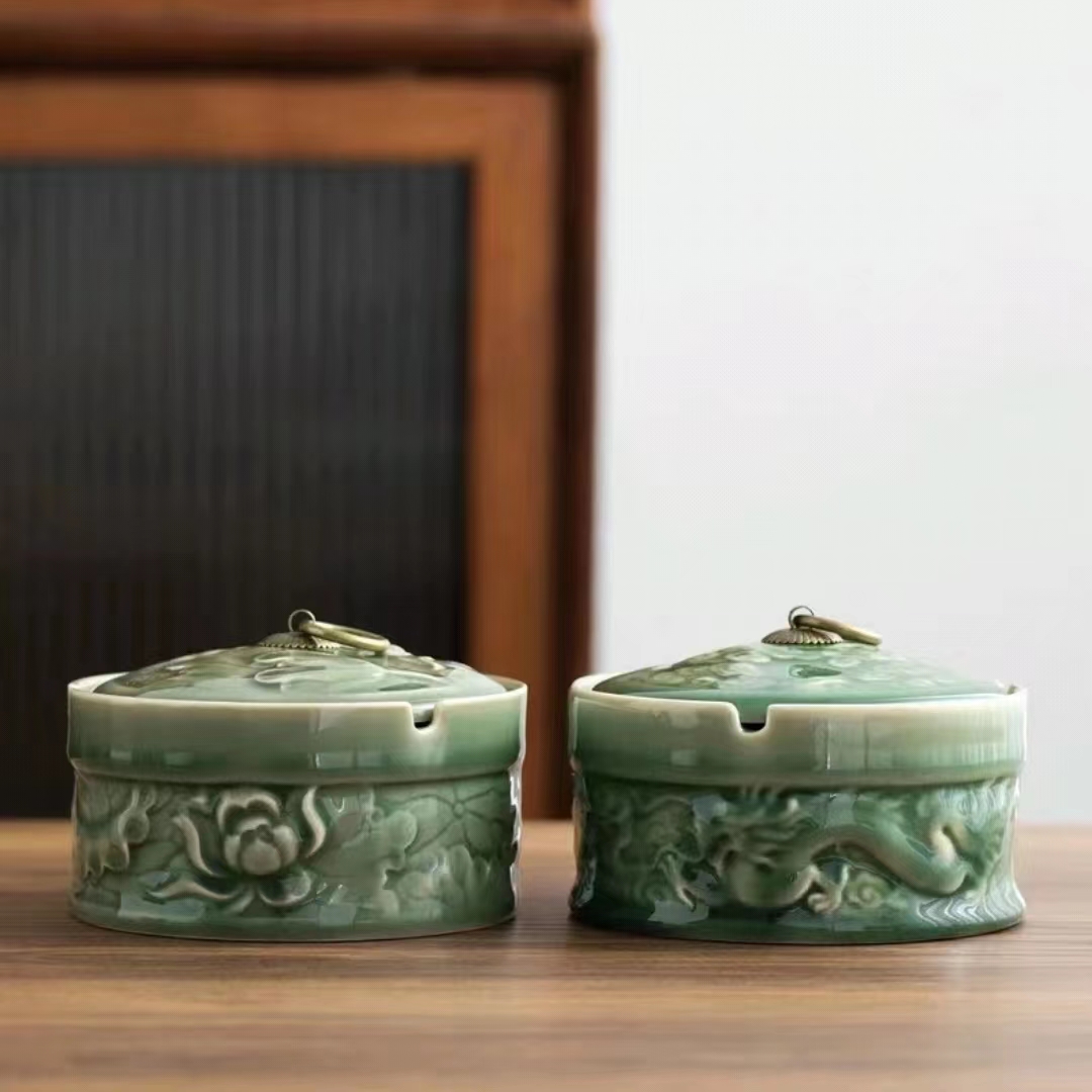 【汀和大福】青瓷浮雕帶蓋煙灰缸茶葉罐茶渣缸