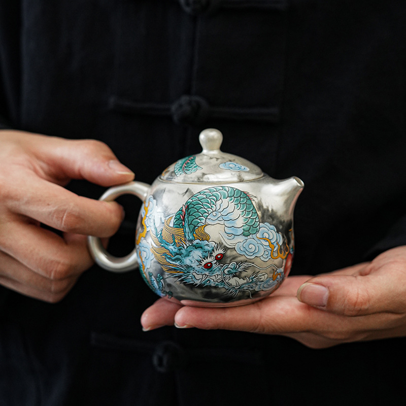 【汀和大福】銀上作畫青龍鎏銀龍蛋壺純手工茶具